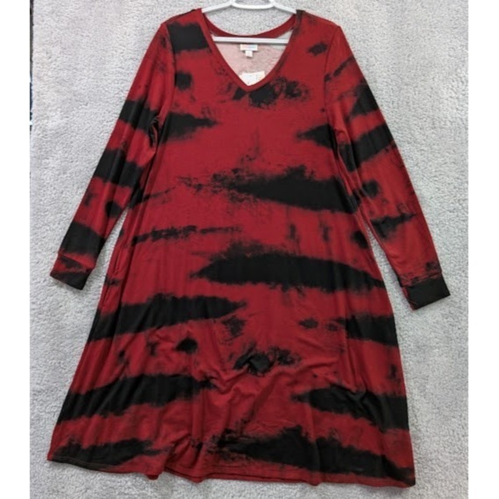 LuLaRoe Emily Swing Dress Women Medium Red Black Tie Dye Long Sleeve Pockets NWT